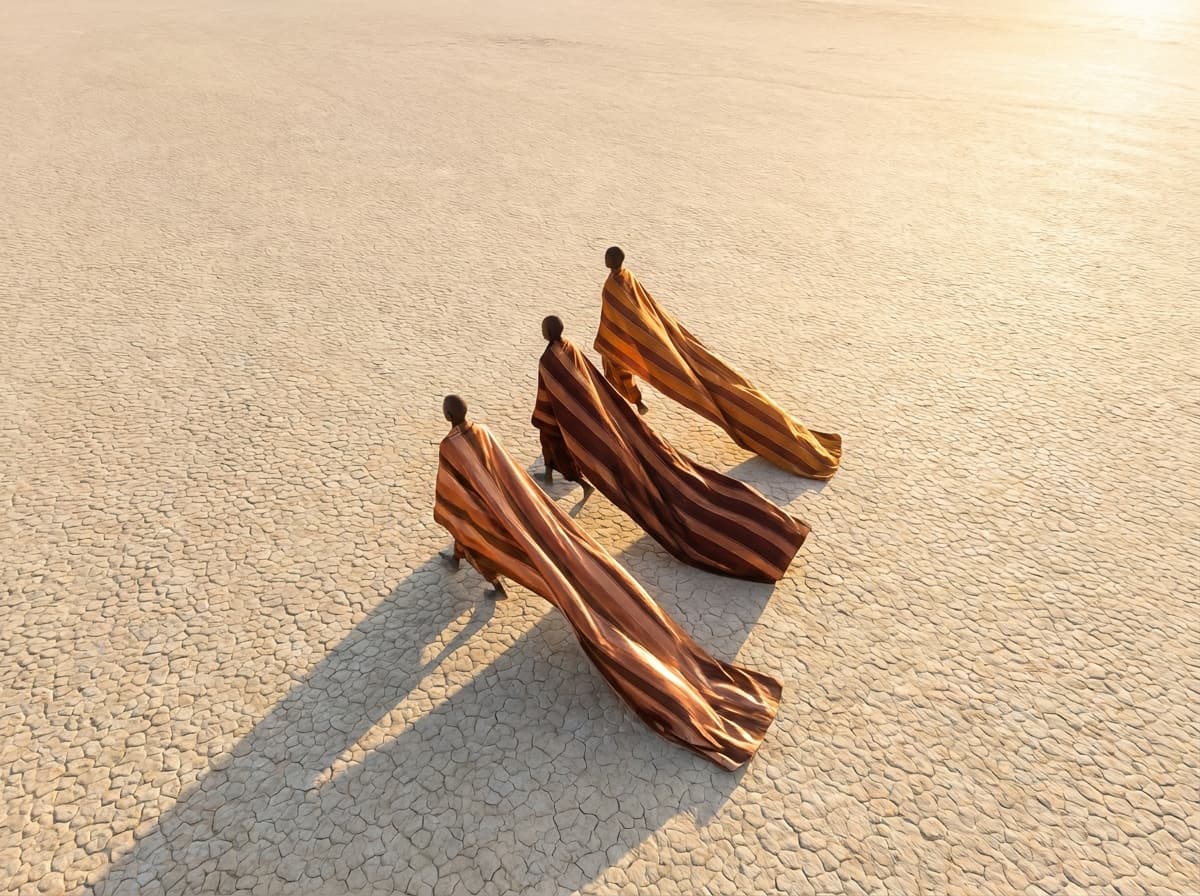 Three figures walking in single file across a salt-flat at golden hour
